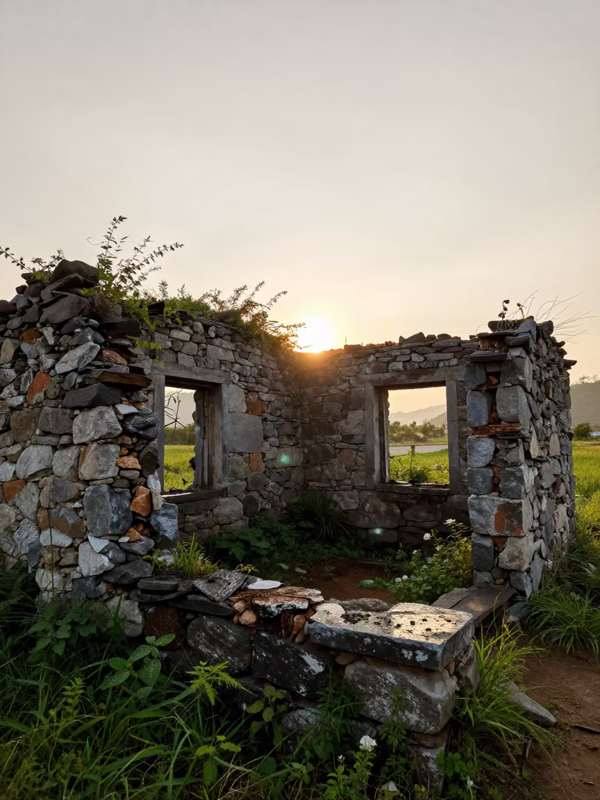 Abandoned Stone Cottage in Daejeon Evening in among roofless stone chambers near Daejeon