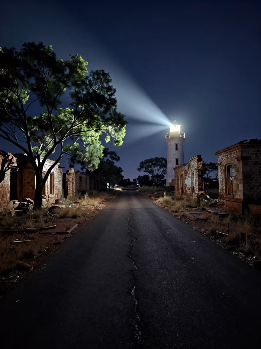 Abandoned Street Trees Through Cracked Night Asphalt in among collapsed cloisters in Northern Territory