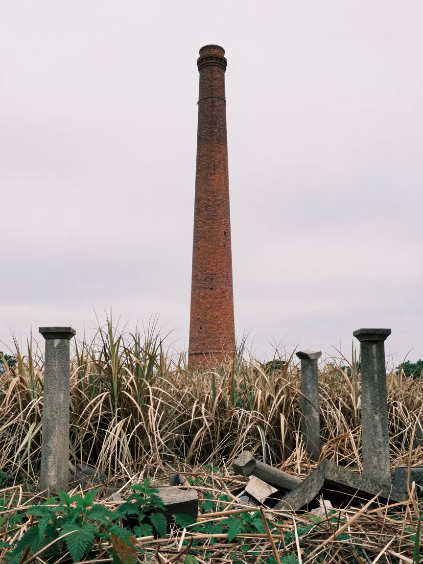 Abandoned Sugar Mill Chimney Amid Tangled Cane Ruins in among toppled columns and nettles in Chugoku