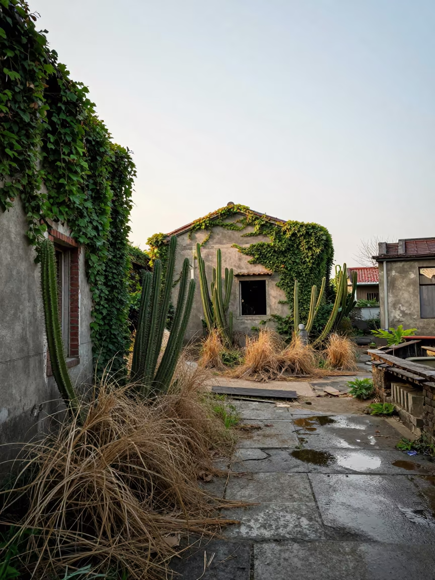 Abandoned Taichung Village Reclaimed by Cactus in beside ivy-draped masonry near Taichung