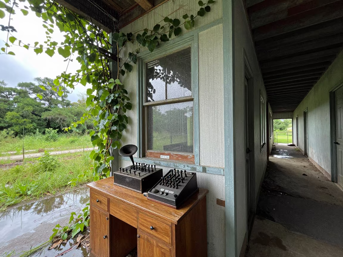 Abandoned Telegraph Key Sounder Vine Choked Noon in along a vine-choked corridor near Mueller, Austin