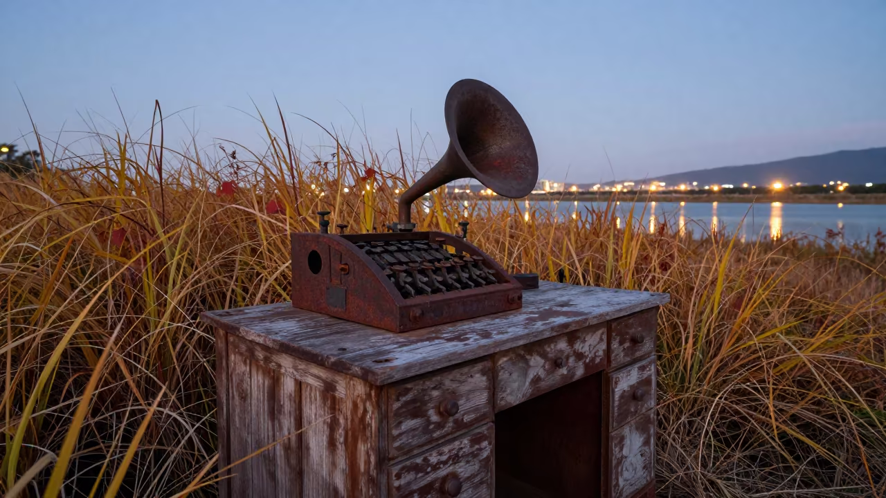 Abandoned Telegraph Office Reclaimed by Autumn Grasses in through a courtyard reclaimed by grasses in Taiwan