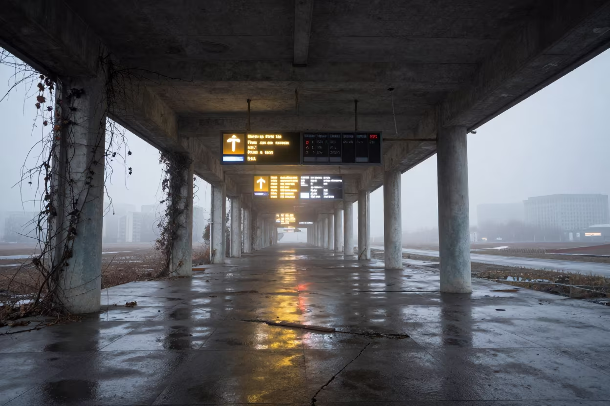 Abandoned Terminal Corridor Near Almaty at Twilight in along a vine-choked corridor near Almaty