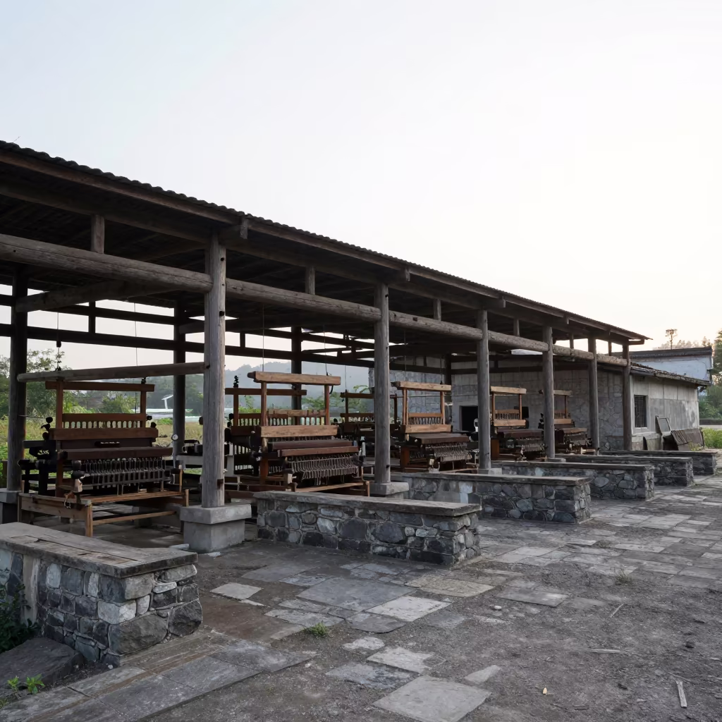 Abandoned Textile Mill Looms Anhui Ruins in among roofless stone chambers in Anhui