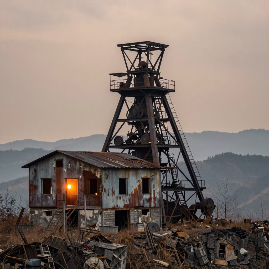 Abandoned Tin Mine Engine House Clifftop in beside exposed structural steel in Guizhou