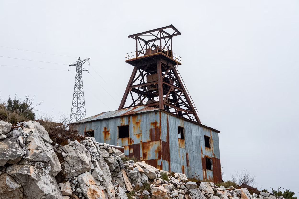 Abandoned Tin Mine Engine House on Dalmatian Cliff in under gantries and utility towers in the Dalmatian Coast
