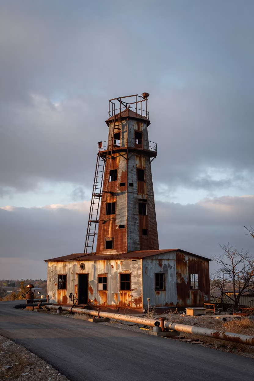 Abandoned Tin Mine Engine House at Dawn in along a service road lined with pipes near Udaipur