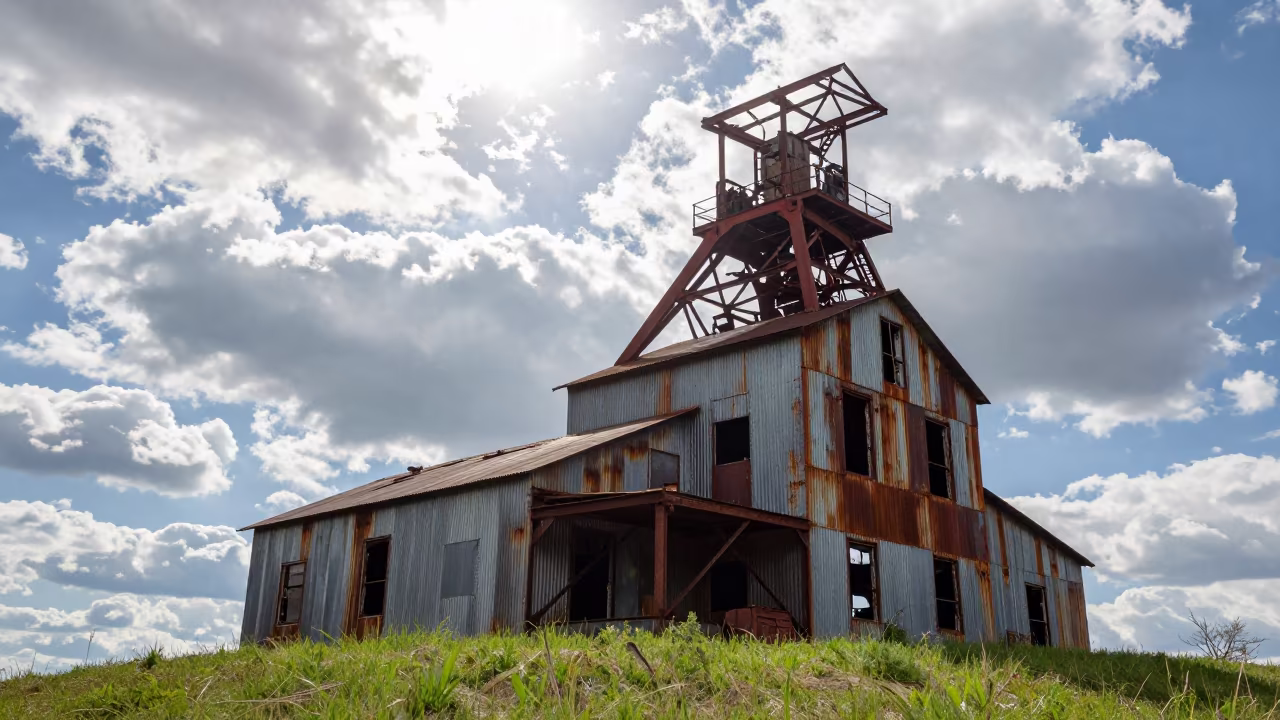 Abandoned Tin Mine Engine House Missouri Clifftop in under gantries and utility towers in Missouri