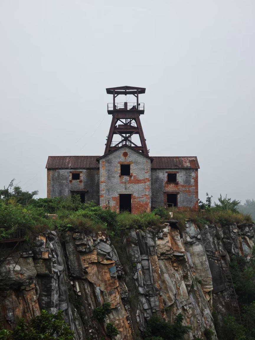 Abandoned Tin Mine Engine House on Misty Clifftop in near Nanchang