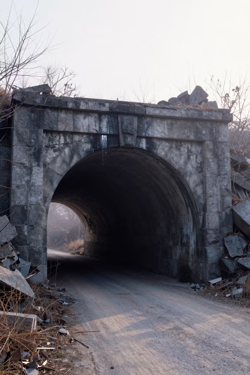 Abandoned Tokyo Tunnel Water Drip Dawn Shadow in among collapsed cloisters near Tokyo