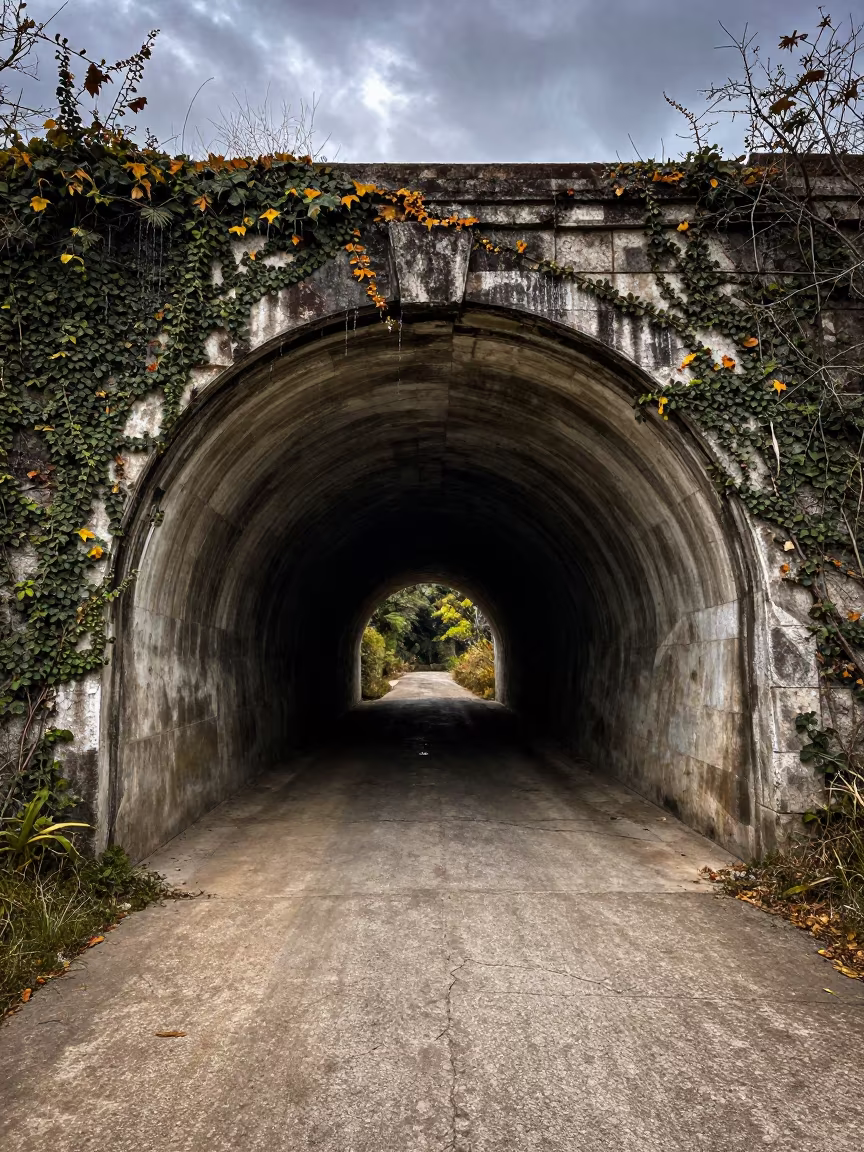 Abandoned Tunnel with Dripping Water and Ivy in beside ivy-draped masonry near Santiago de Veraguas