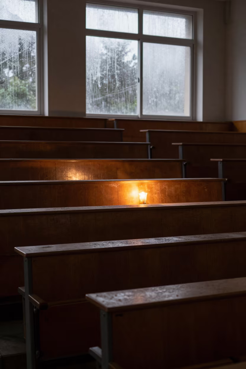 Abandoned University Lecture Hall Wet Season in inside a quiet classroom near Sumbe
