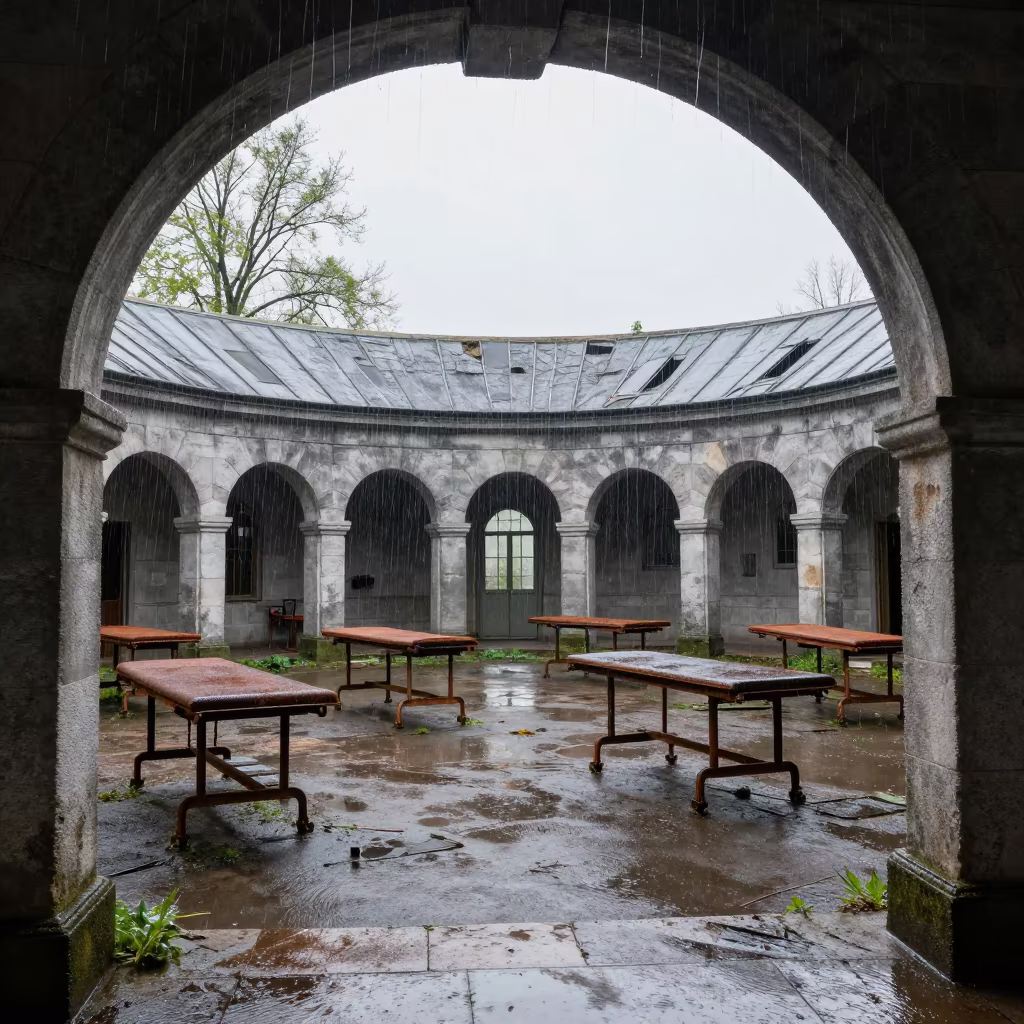 Abandoned Vet Clinic Rusted Tables Rain Falling Upward in among roofless stone chambers near Rotterdam