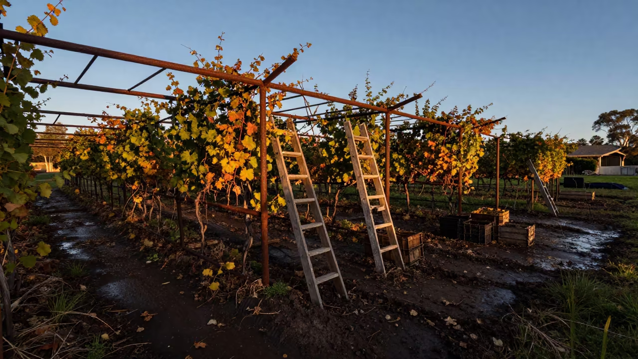 Abandoned Vineyard at Blue Hour Near Redfern in among orchard ladders and crates near Redfern, Sydney