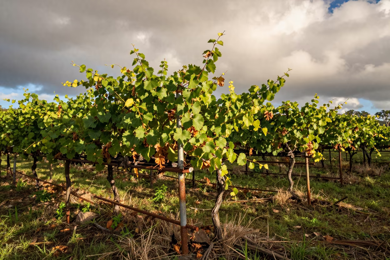 Abandoned Vineyard Vines Over Trellises in Fiji in at the edge of a tea plantation in Fiji