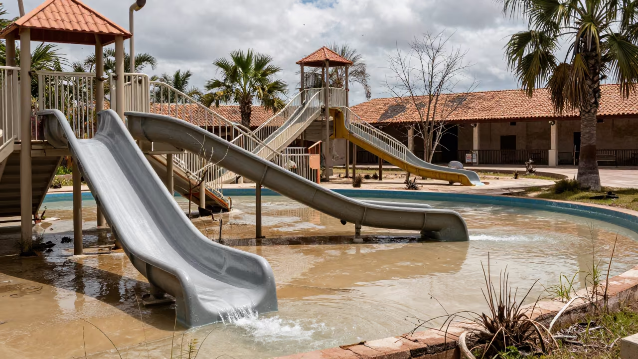Abandoned Water Park Ruin in Castile Court in through an abandoned ceremonial court in Castile