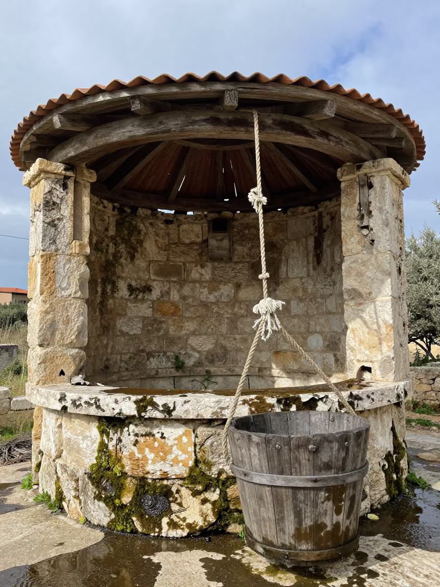 Abandoned Well House in Roofless Hammam in inside a roofless hammam near Heraklion