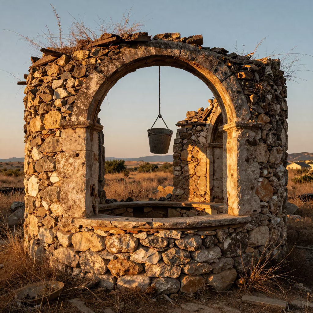 Abandoned Well House Sunset Ruin in beneath a broken stone arch near Médéa