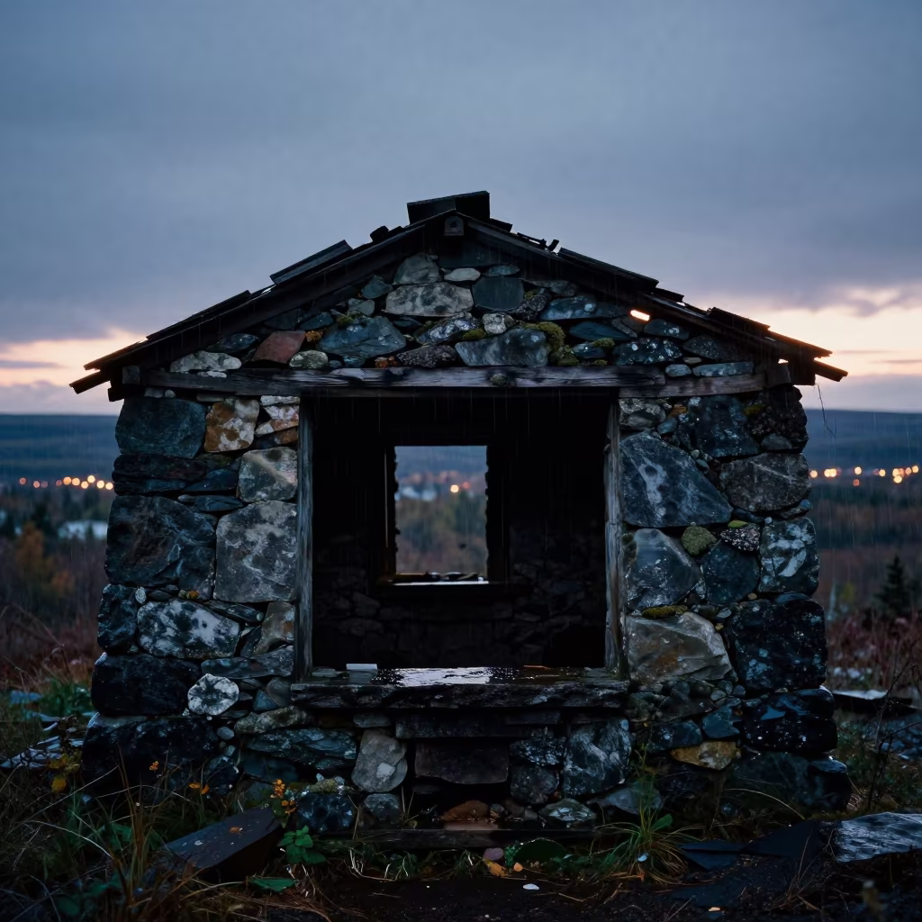 Abandoned Yukon Cottage Stone Hearth Rain Drizzle in inside a roofless nave in Yukon