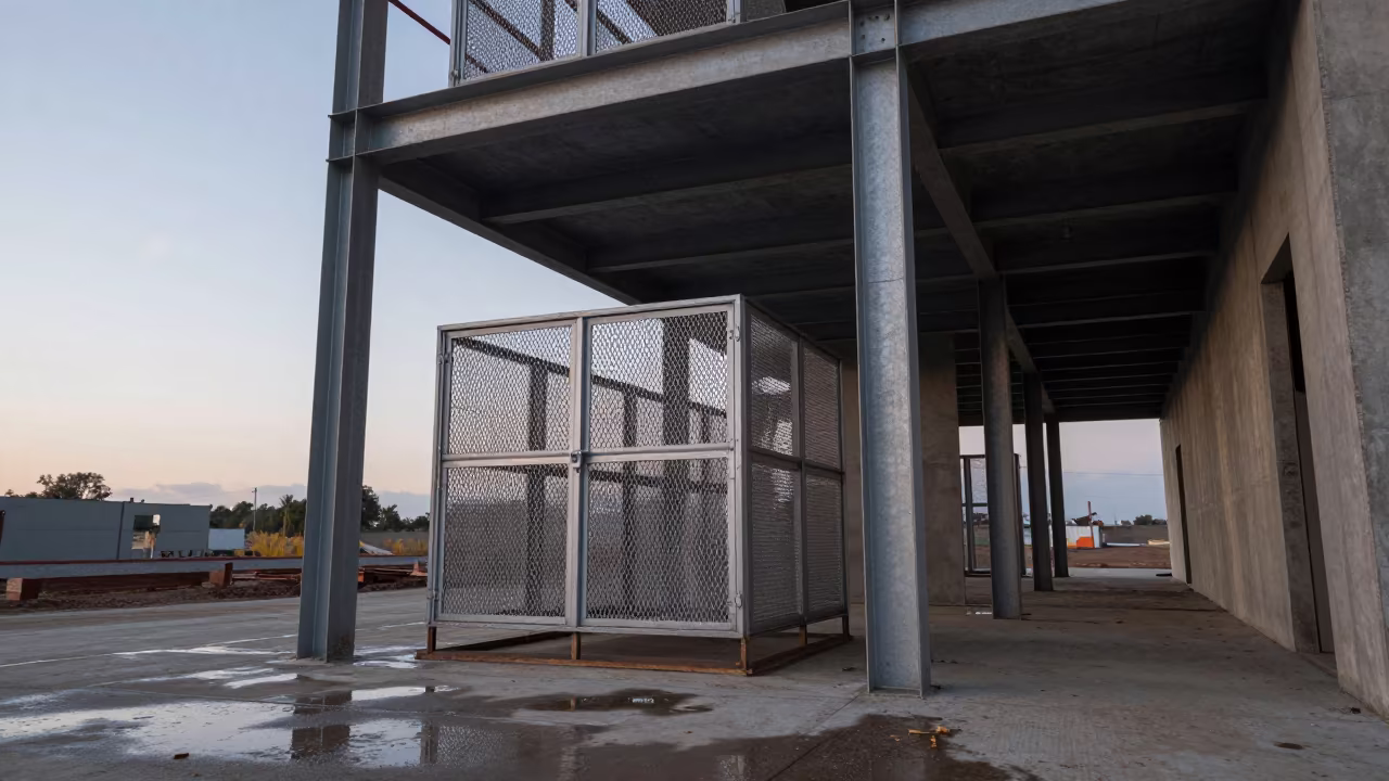 Cold Dawn Light on Abatement Crate in Muhanga Stair Tower in inside a bare shell stair tower in Muhanga