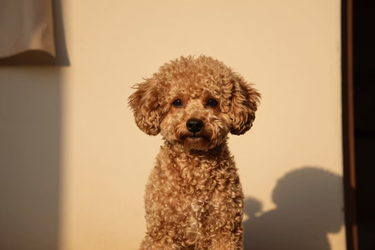 Abidjan Teacup Poodle Portrait in Warm Light in beside a plain plaster wall in soft indoor light with the animal centered in frame in Abidjan