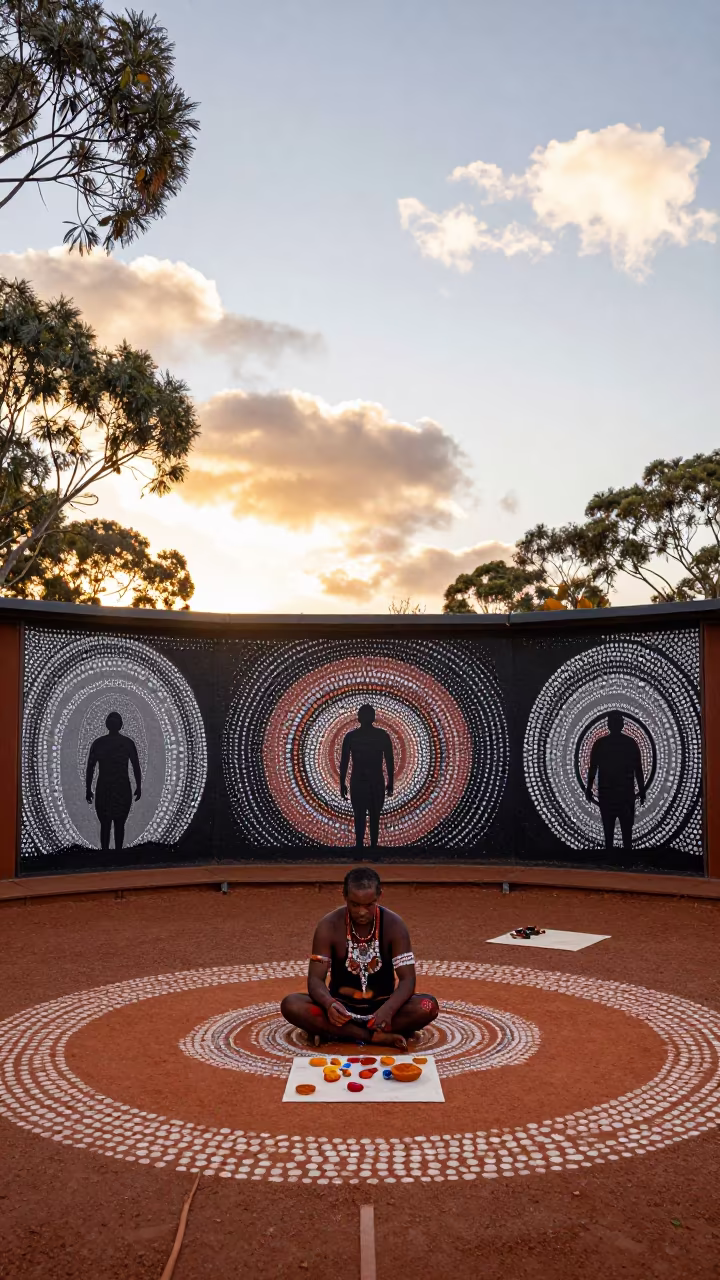 Aboriginal Artist Painting Dot Art at Sunset in in a ceremonial hall near Sydney