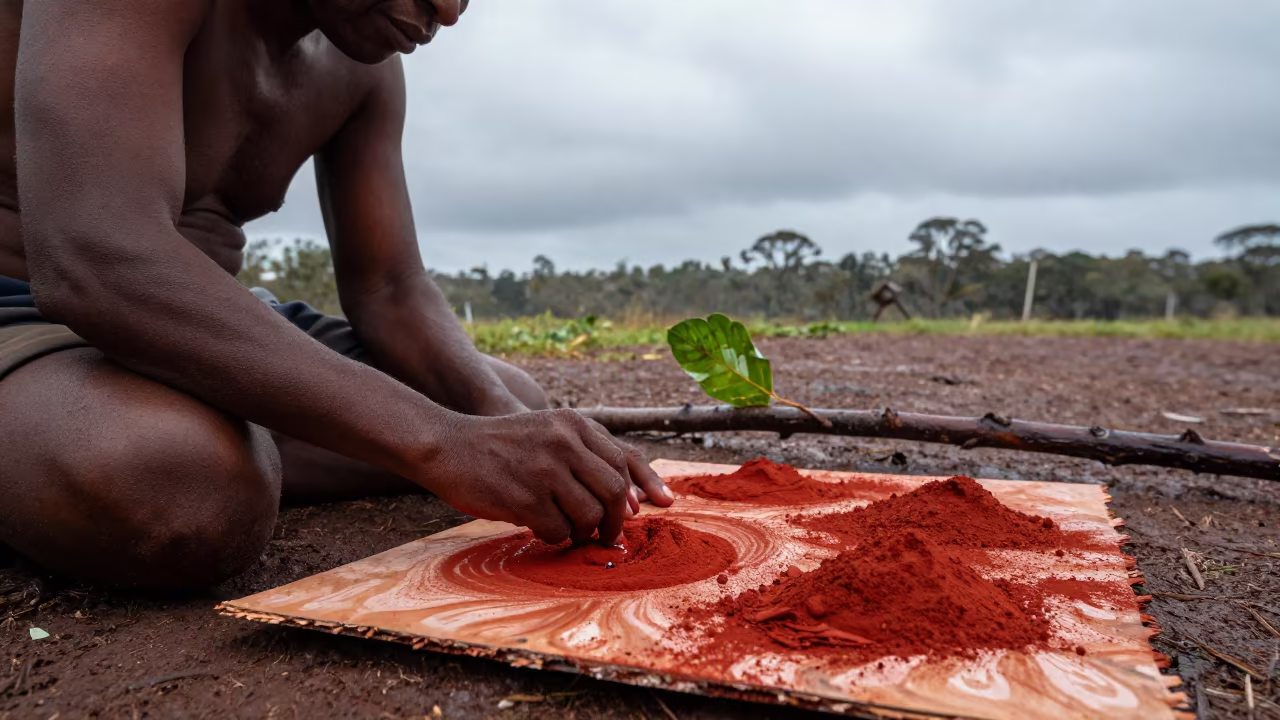 Aboriginal Artist Mixing Ochre Pigments Near Sydney in near Sydney