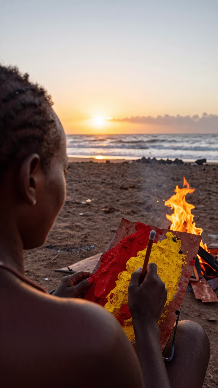 Aboriginal Artist Mixing Ochre Pigments at Sunset in in Darwin