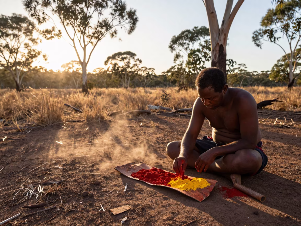 Aboriginal Artist Mixing Ochre at Sydney Sunset in near Sydney
