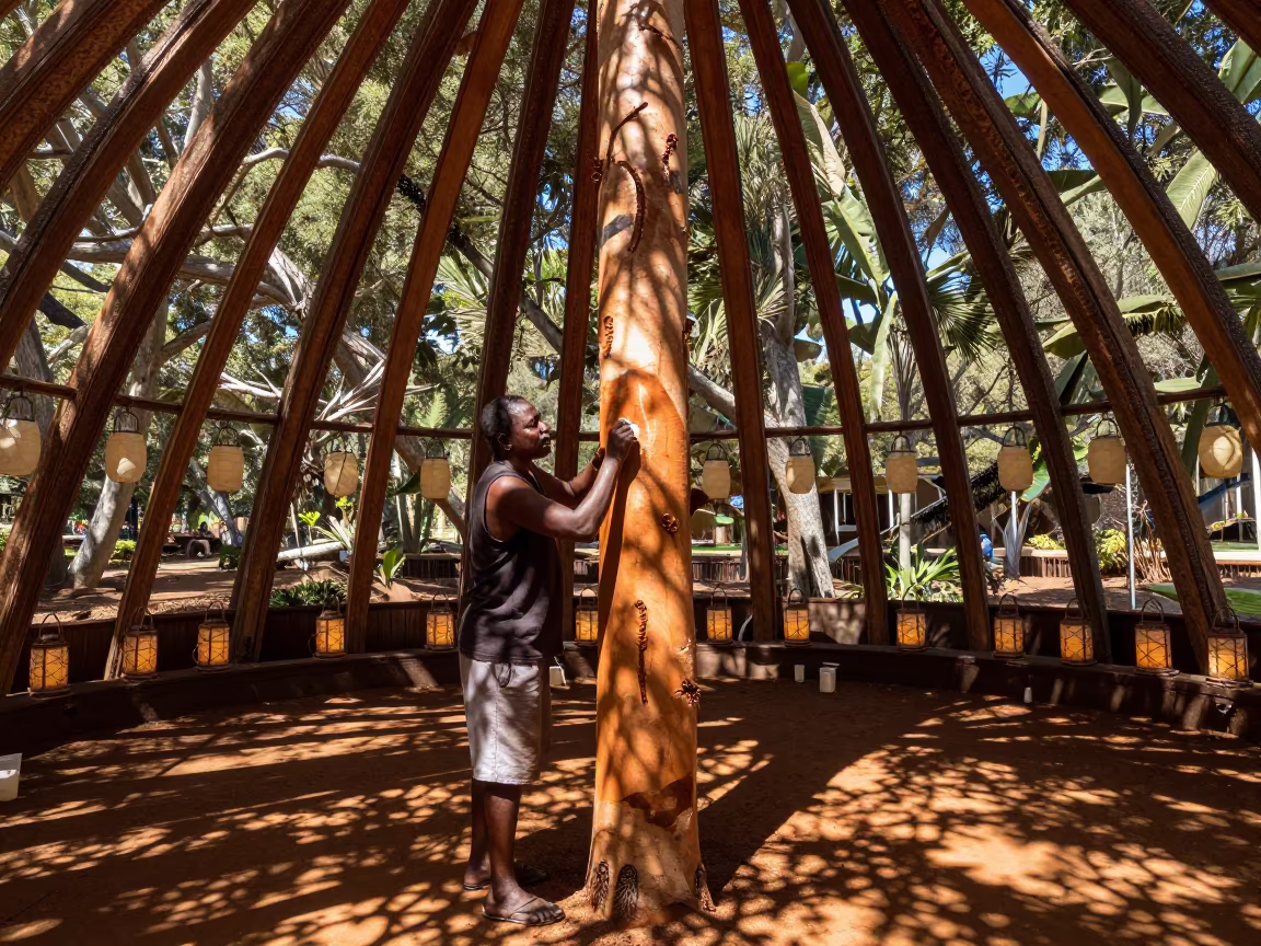 Aboriginal Artist Painting Ochre Bark in Sydney Shrine in in a shrine lined with lanterns in Sydney