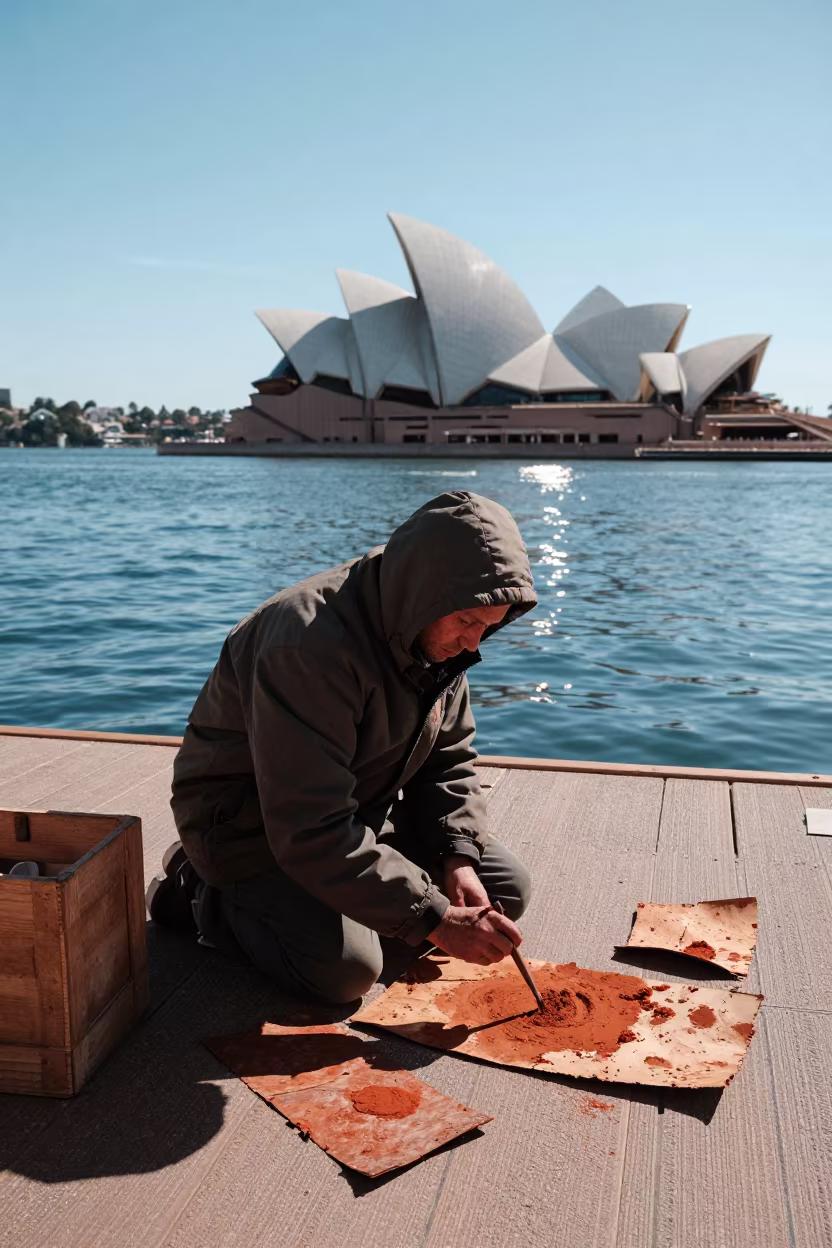 Aboriginal Artist Painting with Ochre in Sydney in in the old quarter in Sydney