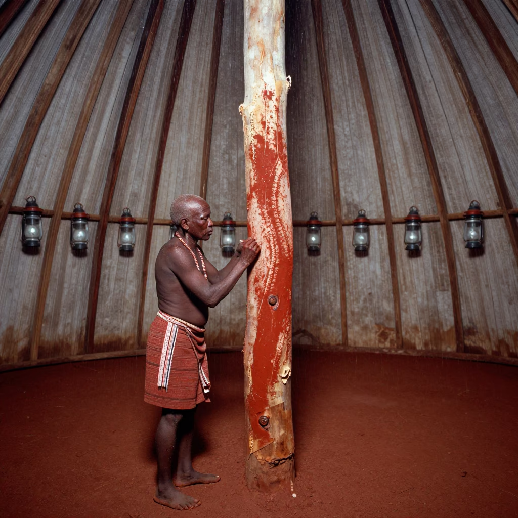Aboriginal Artist Painting Ochre Bark in Darwin Shrine in in a shrine lined with lanterns in Darwin
