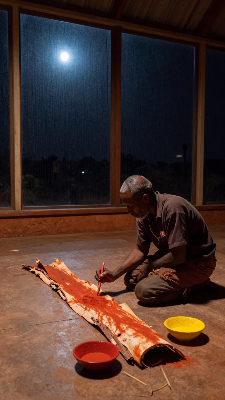 Aboriginal Artist Painting Ochre Bark in Night Prayer Hall in in a prayer hall in Alice Springs