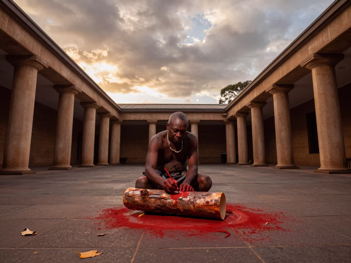 Aboriginal Artist Painting Ochre Bark Redfern in in a temple courtyard near Redfern, Sydney