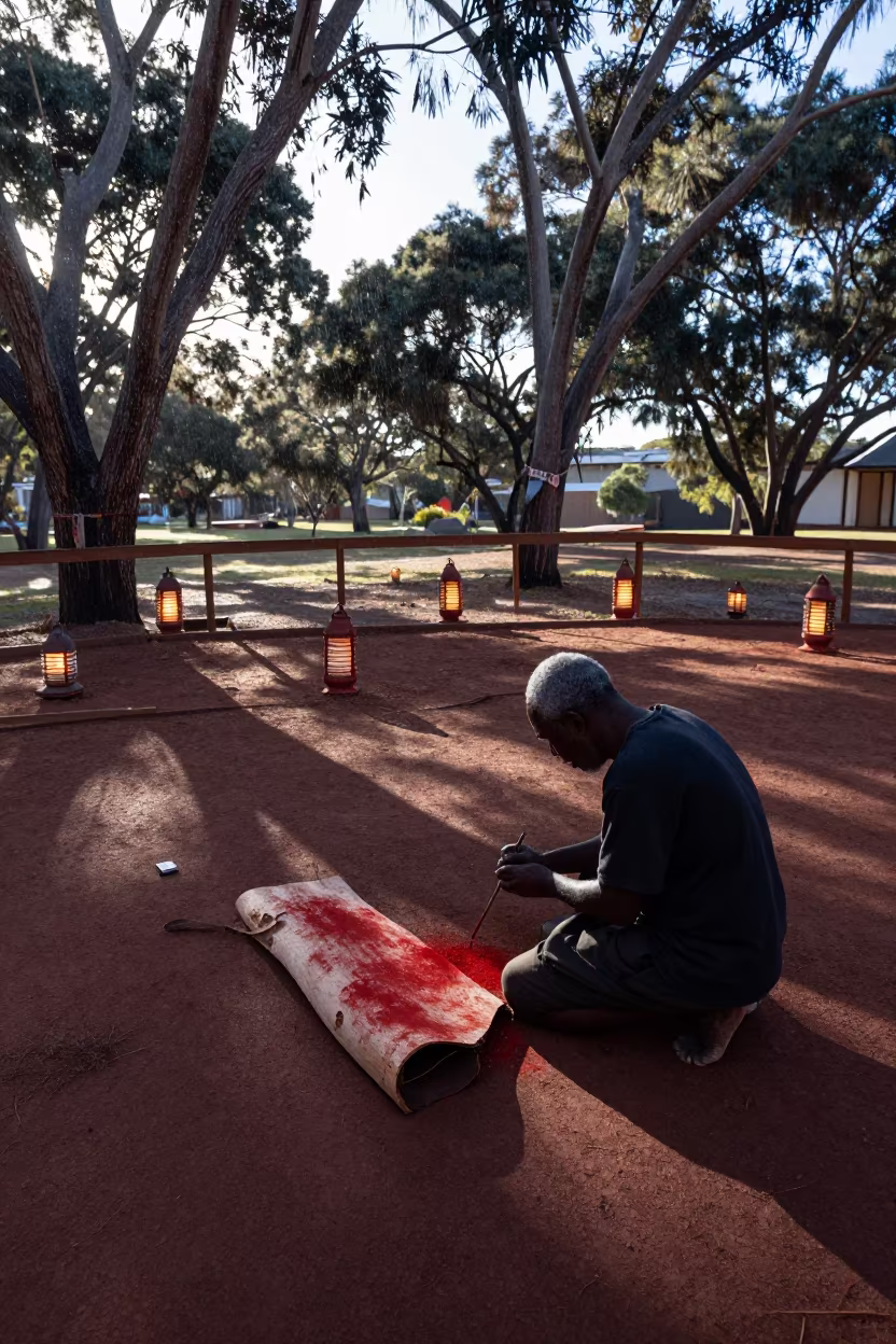 Aboriginal Artist Painting Ochre Bark in Sydney Shrine in in a shrine lined with lanterns near The Rocks, Sydney