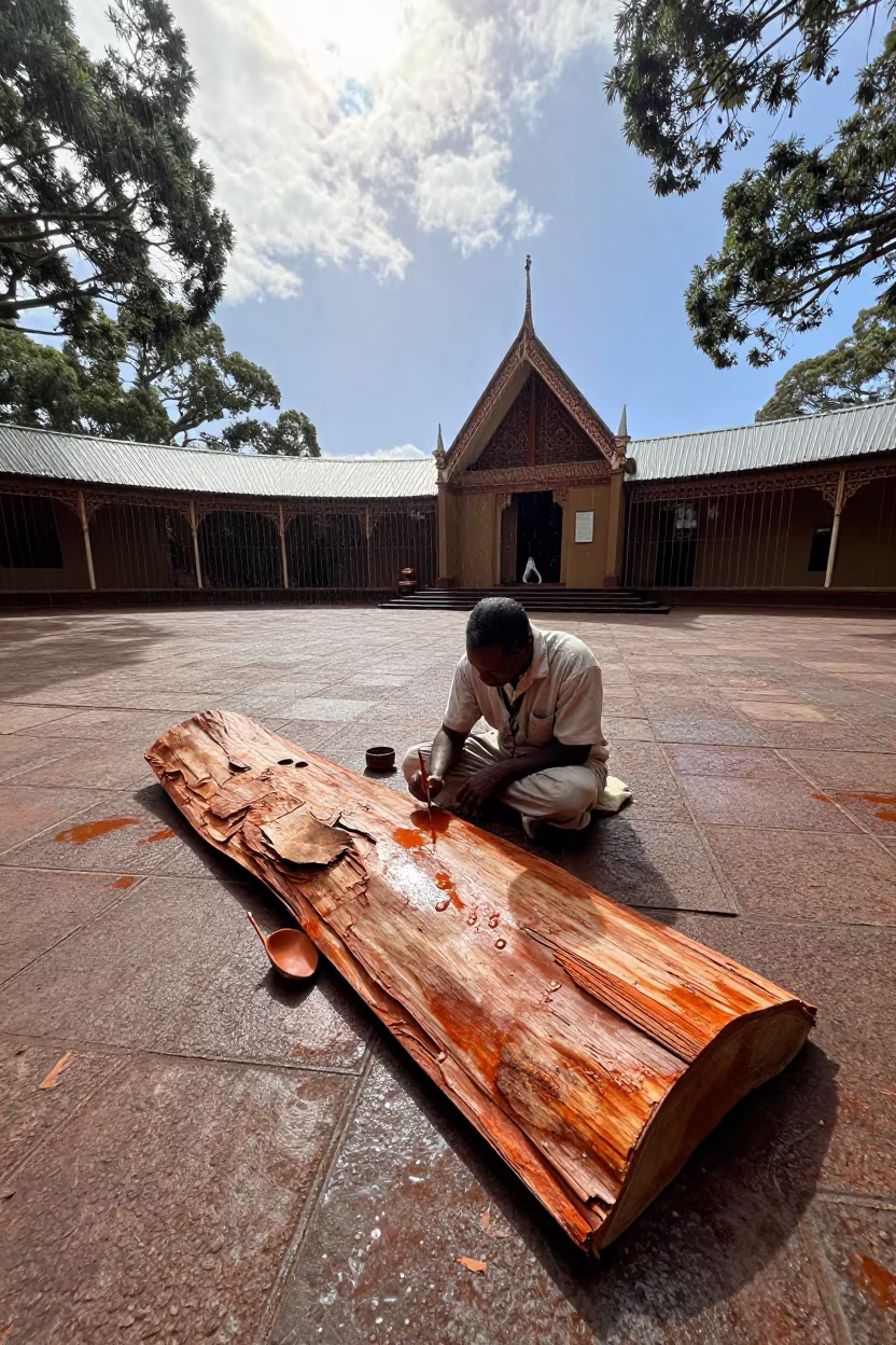 Aboriginal Artist Painting Ochre Bark in Sydney Temple Courtyard in in a temple courtyard in Sydney