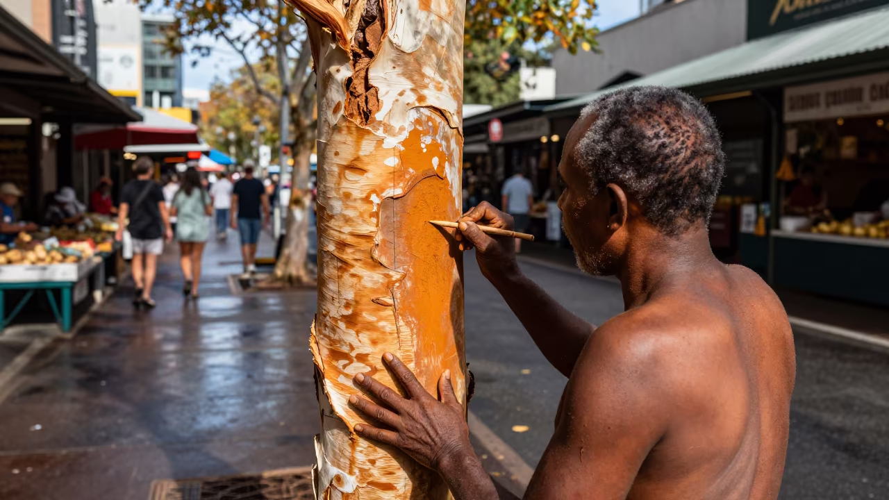 Aboriginal Artist Painting Ochre in Sydney Market Lane in along a market lane in Sydney