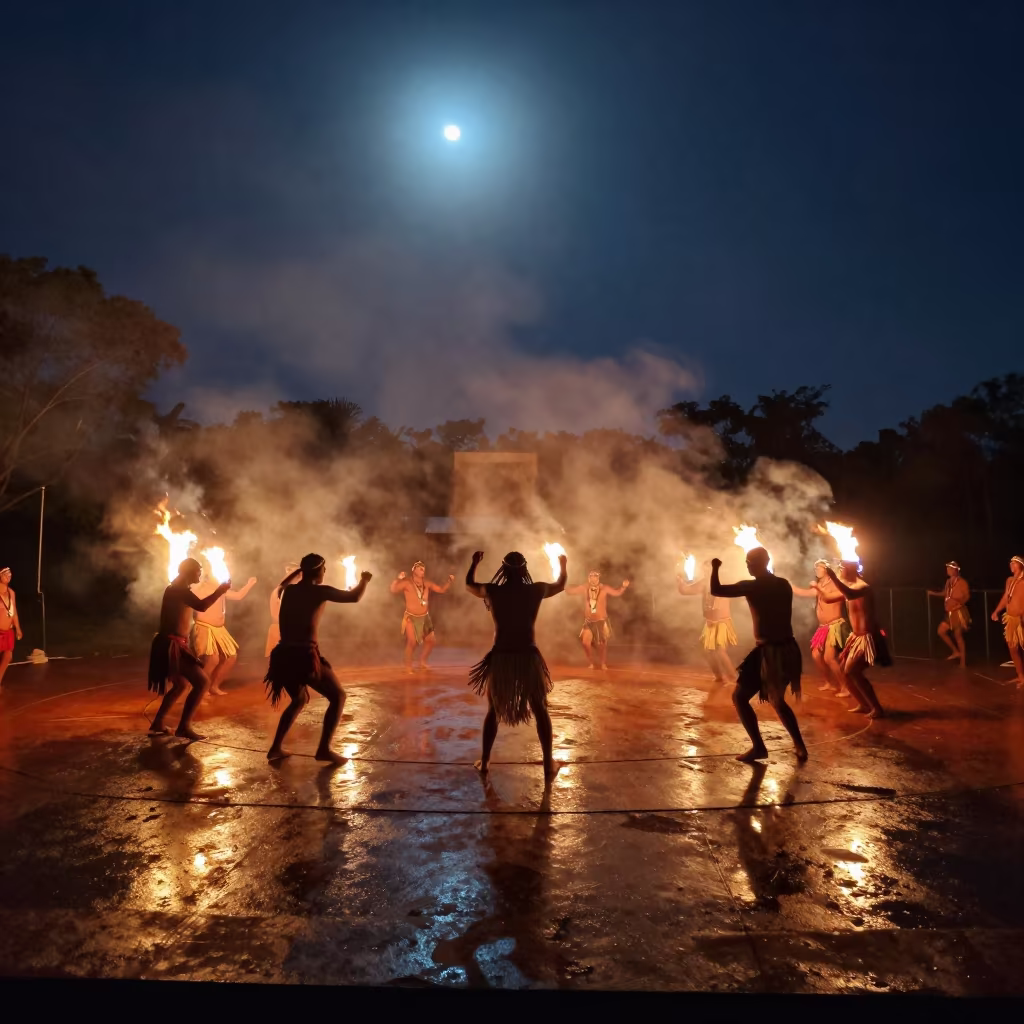Aboriginal Corroboree Fire Dance Night Darwin Stage in on a dimly lit stage in Darwin