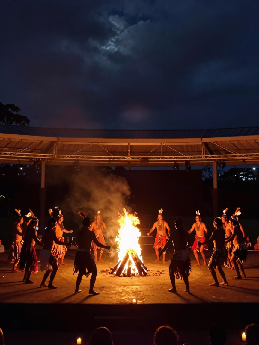 Aboriginal Corroboree Fire Dance Night Stage Sydney in on a dimly lit stage in Sydney