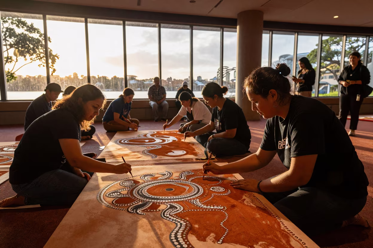 Aboriginal Dot Painting Ceremony in Barangaroo Hall in in a ceremonial hall in Barangaroo, Sydney