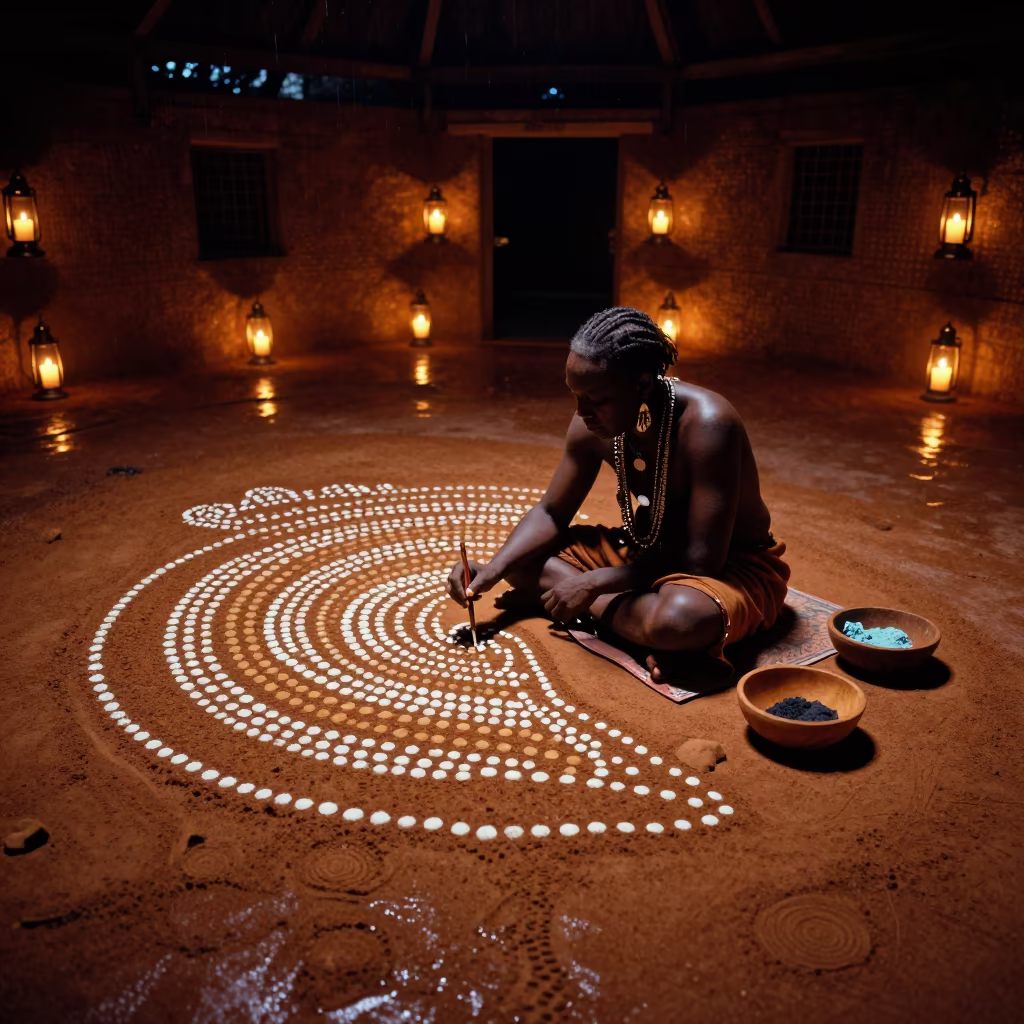 Aboriginal Dot Painting Ceremony in Darwin Shrine in in a shrine lined with lanterns in Darwin