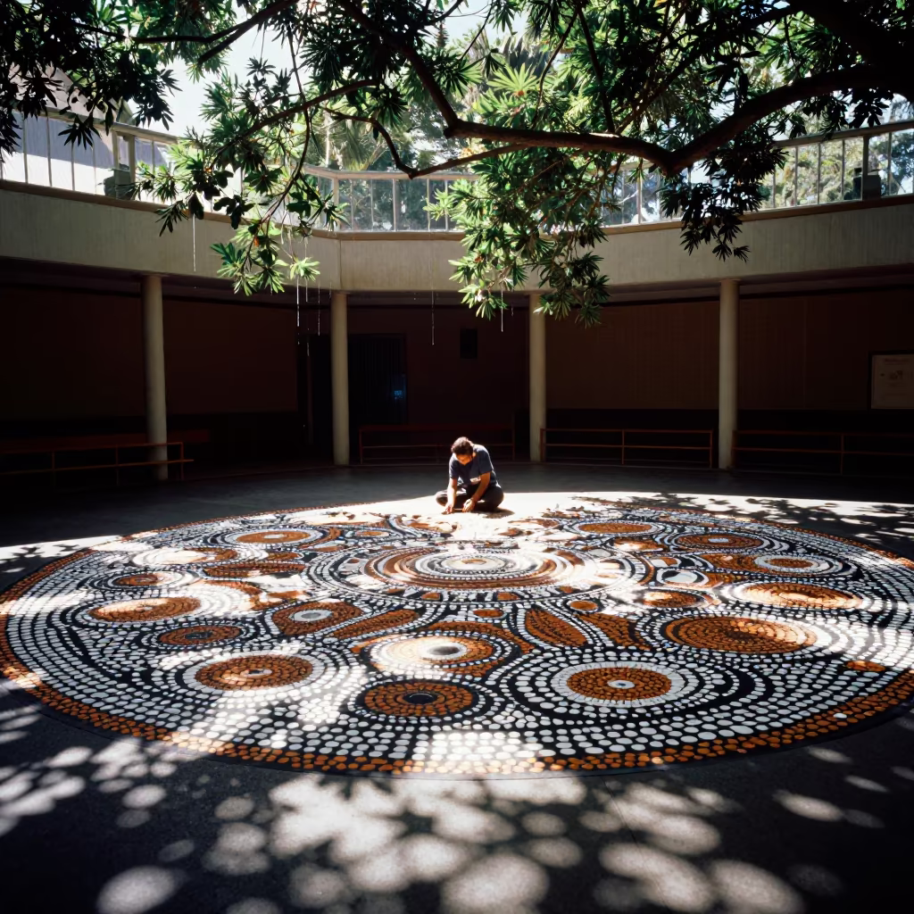 Aboriginal Dot Painting Midmorning Light Sydney in in a prayer hall near Paddington, Sydney
