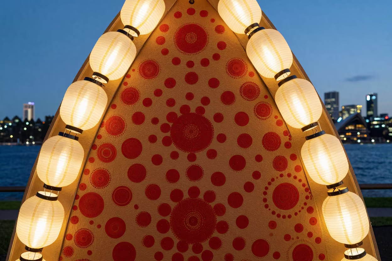 Aboriginal Dot Painting Midsummer Sydney Dusk in in a shrine lined with lanterns near Manly, Sydney