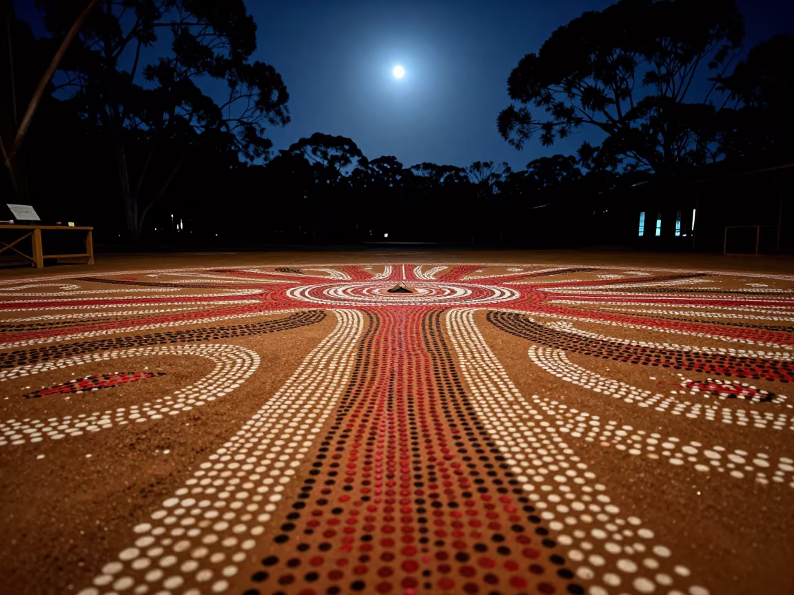 Aboriginal Dot Painting in Predawn Moonlight in in a ceremonial hall near Sydney