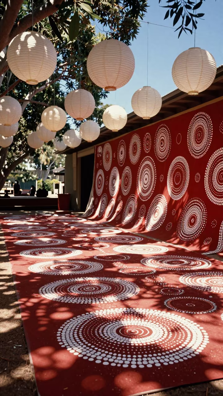 Aboriginal Dot Painting in Sydney Shrine in in a shrine lined with lanterns in Sydney