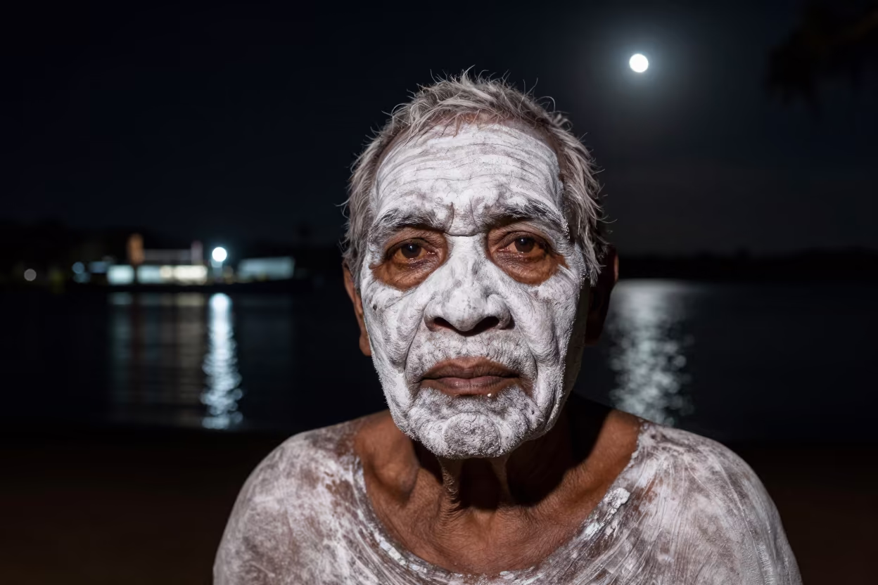 Aboriginal Elder in White Ochre Under Moonlight in near a riverside landing in Paddington, Sydney