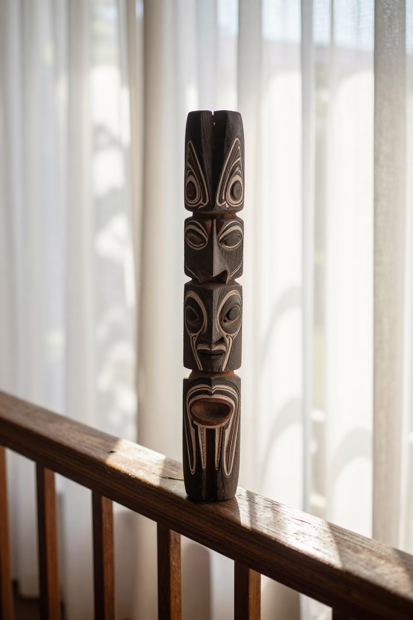 Aboriginal Message Stick on Pier Railing in Morning Light in on a pier railing in Sydney