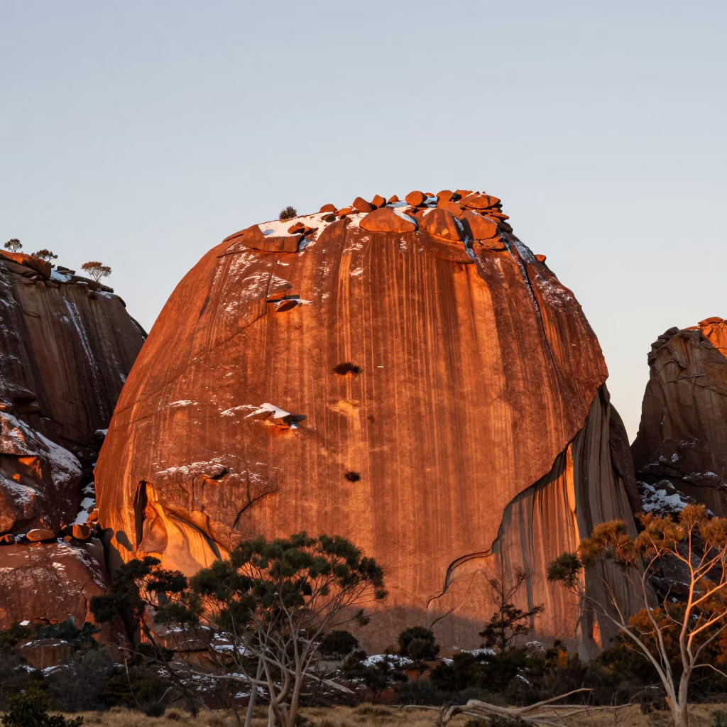 Aboriginal Rock Formation at Sunset with Snow in near Sydney