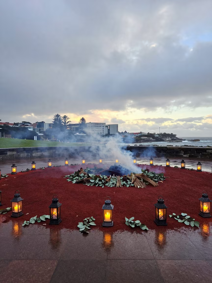 Aboriginal Smoking Ceremony Bondi Shrine Lanterns in in a shrine lined with lanterns in Bondi, Sydney