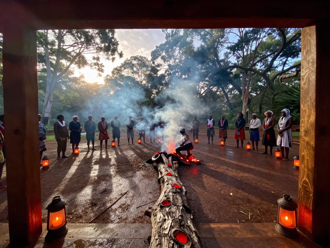 Aboriginal Smoking Ceremony Bushland Shrine in in a shrine lined with lanterns in Darwin